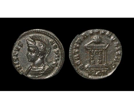 323-324 AD. London mint. Obv: CRISPVS-NOBIL C legend with helmeted, cuirassed bust left. Rev: BEAT TRA-NQLITAS legend with gl