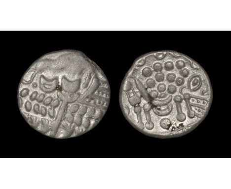 50-5 BC. Obv: wreath cloak and crescents. Rev: disjointed horse left with 'eye' behind and annulet-and-pellets above. S. -; B