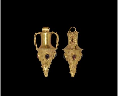 3rd-4th century AD. A large hollow-formed gold pendant of an amphora with ribbed loop and lateral granules, scooped neck with
