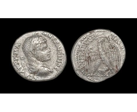 215-217 AD. Obv: AYT K M A ANTWNEINOC CEB legend with laureate, draped, and cuirassed bust right, seen from behind. Rev: DHMA