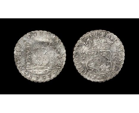 Dated 1737 AD. Pillar dollar. Obv: crowned arms with moneyer initial M over F left and mark of value 8 (reales) to right and 