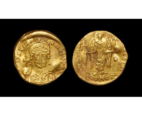 527-538 AD. Imitative, Constantinople mint. Obv: D N IVSTINI-AVS P P AVG legend with pearl-diademed, helmeted and cuirassed b