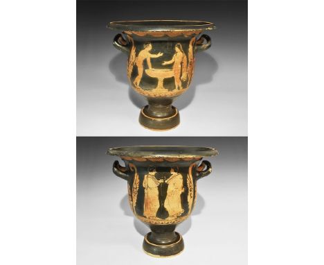 5th-3rd century BC. A large ceramic bell krater with pedestal base, bell-shaped body, square handles and broad everted rim; t