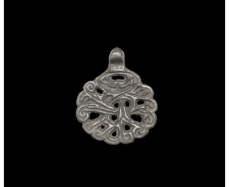 9th-12th century AD. A bronze openwork Scandinavian type pendant with integral loop, interlaced foliage motif.    7.23 grams,