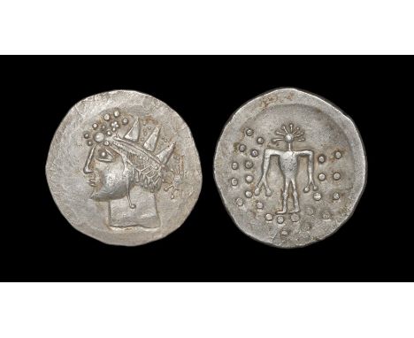 Ca. 50-10 BC. Obv: head of Dionysos left, the ivy wreath resembling a radiate crown. Rev: legend degraded to dots, Herakles, 