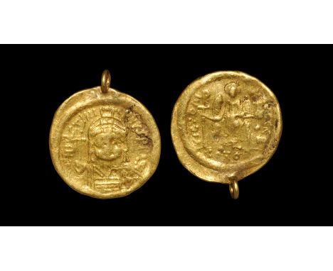 Coin dated 527-538 AD. A gold coin pendant consisting of a solidus coin of Constantinople mint; coin details: Obv: D N IVSTIN