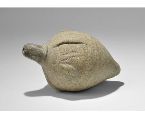 9th-11th century AD. A hollow ceramic vessel with domed top and conical base intended to be filled with explosive liquid and 