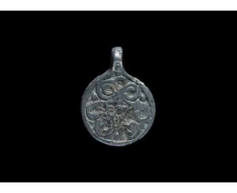 10th century AD. A bronze Scandinavian type pendant (also widespread in the historical Rus region), with pierced lug above, r