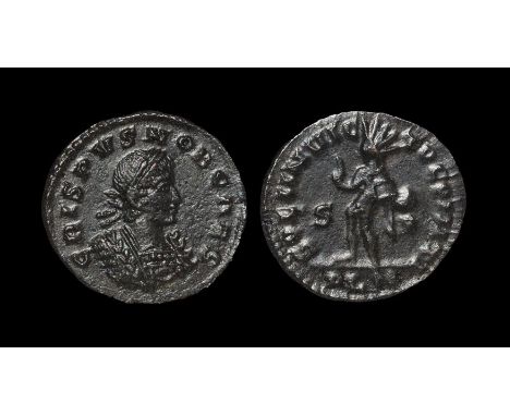 317 AD. London mint. Obv: CRISPVS NOB CAES legend with laureate, cuirassed bust right. Rev: SOLI INVIC-TO COMITI legend with 