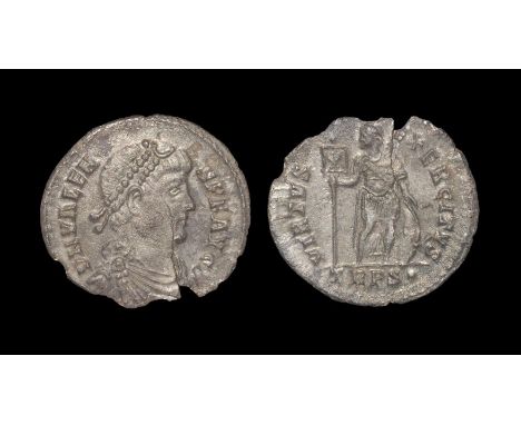 367-375 AD. Trier mint. Obv: DN VALEN-S PF AVG legend with pearl diademed, draped, cuirassed bust right. Rev: VIRTVS-EXERCITV