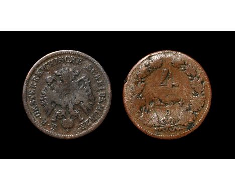 Dated 1864 AD. A 19th century patch box formed from two Austrian copper 4 kreuzer coins with the obverse providing the base a