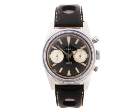 the signed black dial with baton markers and outer minutes track, subsidiary seconds and minutes dials, manual wound, the cas