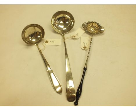 A George III Scottish silver ladle, Edinburgh 1802, maker's mark LB, 36.5cm long approx., together with another ladle, marks 
