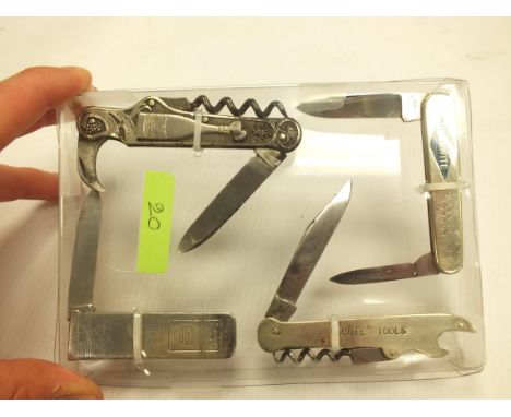 FOUR VARIOUS ADVERTISING FOLDING POCKET KNIVES, ESSO, ACUTE TOOLS, UNDAWITE AND CHAMPAGNE MERCIER, ONE BY SAYNOR, ONE BY JOSE