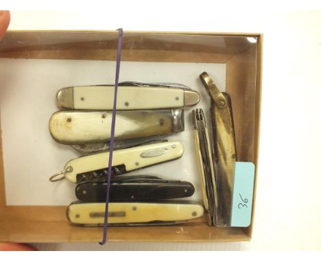 SEVEN VARIOOUS IVORINE AND HORN HANDLED FOLDING POCKET KNIVES, WEEDHAM, CULLY, BATEMAN, HIBBERT &amp; SONS, HARRISON, HOWSON,