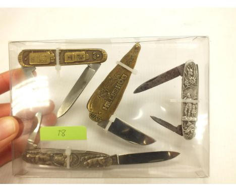 FOUR VARIOUS EMBOSSED CONTINENTAL STYLE FOLDING POCKET KNIVES, ONE ADVERTISING FOR ROBERT HORNBY BY HENCKELS, ONE FOR HILLESH
