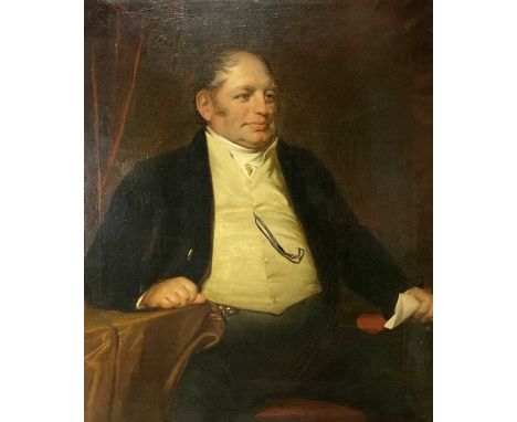 An English School oil on canvas portrait painting of a corpulent gentleman, 19th century, unframed, 104 x 84cm.   