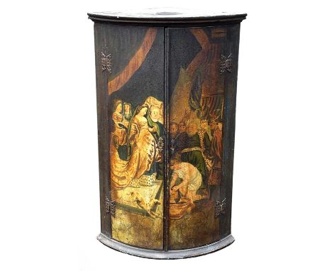 A George III pine bow front hanging corner cupboard, the pair of doors with painted scene after Rubens, the head of St John t