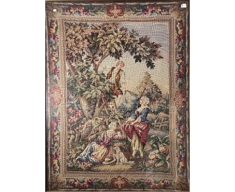An Aubusson style needlepoint tapestry, early 20th century, decorated with a man on a ladder picking fruit, female figures be