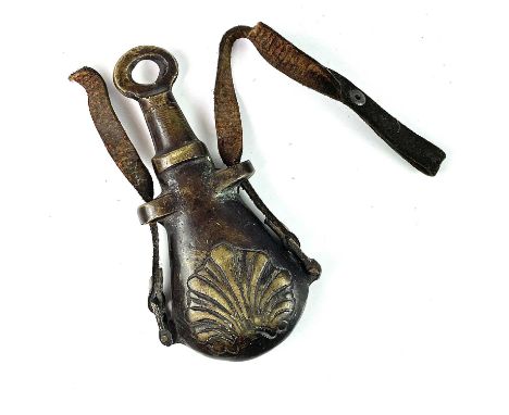 A 19th century cast brass gunpowder flask, 11.5 x 6cm.