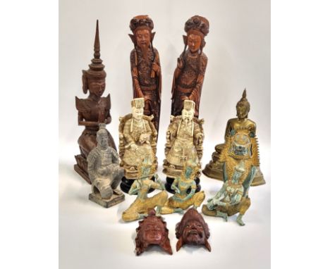 A pair of Oriental male (chipped robe) and female (chipped ear) statues, a Terracotta Army-style figurine (kneeling), a woode