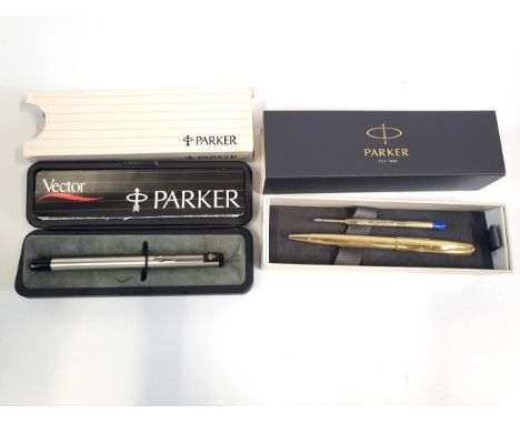 Two Parker pens, on a gold finish Sonnet ballpoint with refill and a Vector fine roller pen both in presentation cases.