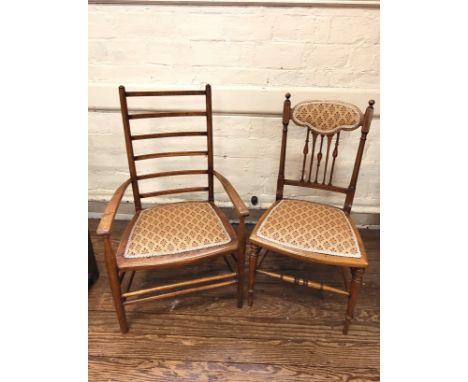 Two bedroom chairs: one ladder back with arms 88cm x 50cm x 40cm, the other embroidered back 86cm x 42cm x 40cm.