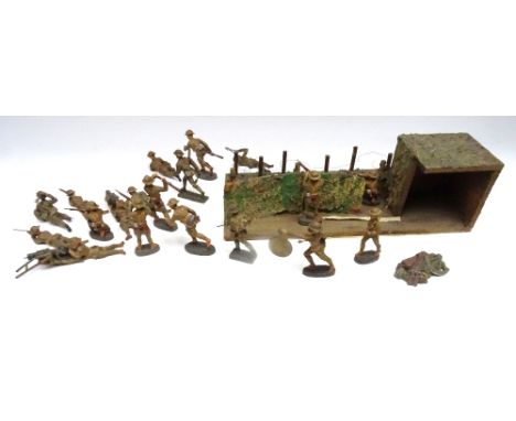 Elastolin 70mm WWI British Infantry with Gas Alert Gong, scenic accessory and a trench section 13470 with blockhouse, eleven 