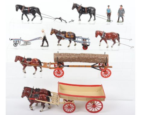 Britains set 5F, Farm Wagon (repainted), with Carter, 6F plough with Plowman, 9F roller and 12F timber carriage (two horse ea
