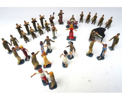 Glenn Miller and The US Army Air Force Orchestra 1944 with Dinah Shore, microphone, piano, drum set and seven dancing couples