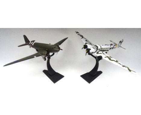 Corgi 1/72 scale Aircraft Junckers Ju52 winter camouflage and RAF DC3, invasion recognition stripes, with stands, wingspans 3