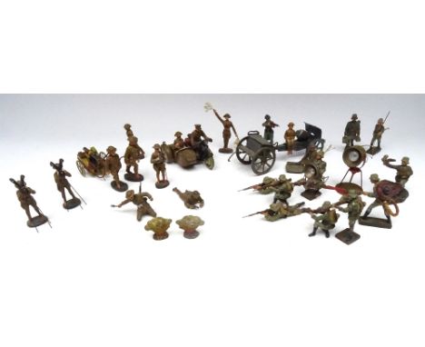 Elastolin and Lineol 70mm WWI British and German Infantrywith Gas Alert Gong, accessory, eleven in 60mm scale and trench sect