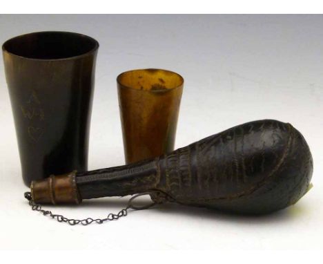 Leather powder flask and two horn beakers (3)