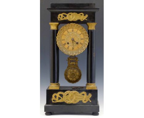 French ebonised portico mantel clock signed Alexandre Roussel a Paris, 146, the gilt Roman dial with an embossed field, eight