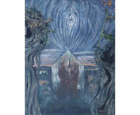 George W. Jardine (1920-2002),  "Old Witch Trapped in a Greenhouse", signed, titled on artist's label verso, unframed, oil on
