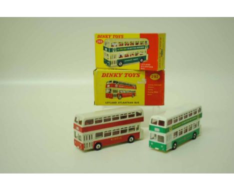 Two Dinky Leyland Atlantean busses: No.292 in red and cream Ribble livery; and No.293 in green and cream BP livery, both boxe
