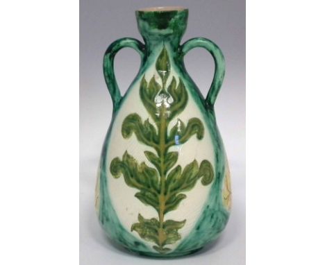 Della Robbia twin handled vase,   incised with leaf work, painted by Enid Woodhouse, painted marks to base, 26cm high     Con