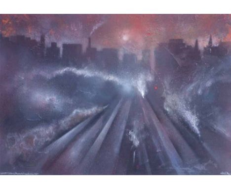David Wilde (1918-1978),  "Early Morning Smog, Shunting Yard near Victoria, 1960's", signed and titled, acrylic on board, 39.