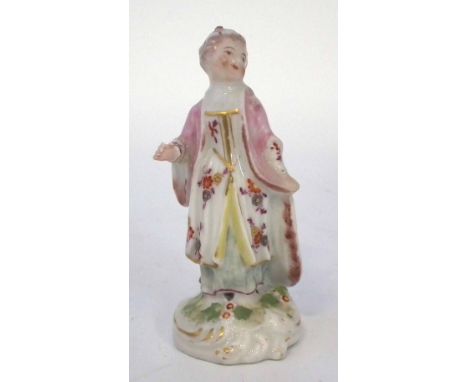 Derby small size figure of a Turkish wife circa 1770   dressed in a pink coat, patch marks to base,  9cm high     Condition r