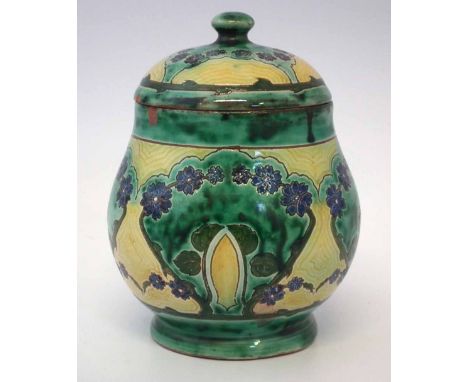 Della Robbia lidded jar possibly a biscuit jar   incised by Cassandra Annie Walker with floral decoration, dated 1903, incise