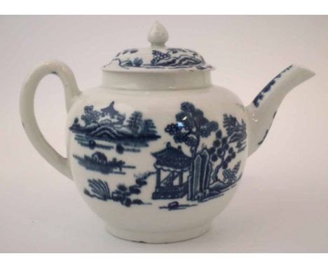 Worcester teapot with associated cover circa 1760,   printed with Man in the Pavilion pattern, crescent mark to base, 12cm hi