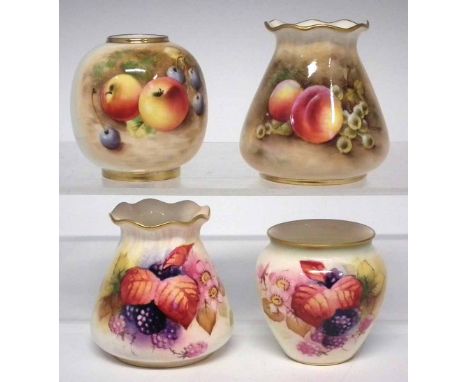 Four Royal Worcester vases signed Roberts, Smith, and Miller,   painted with fallen fruit and leaves and berries, black print