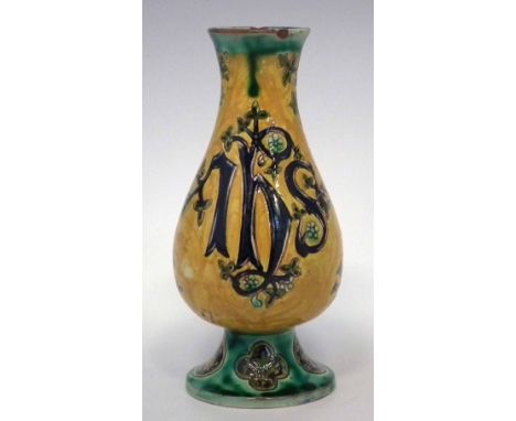 Della Robbia monogrammed vase,   bearing the initials I.H.S. incised possibly by Jessie Sinclair and painted by Hannah Jones,