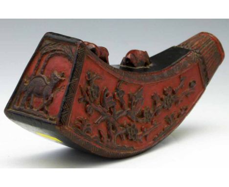 Chinese lacquered wood powder flask, 18th - 19th century, carved with birds in a blosson tree and a deer, length 22cm (stoppe