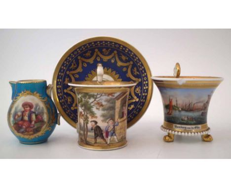 Two Continental cabinet cups,  one with saucer painted with figures, the other painted with a marine scene titled 'Hamburg vo