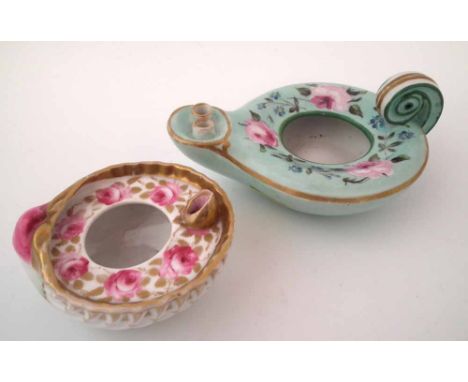 Swansea inkwell circa 1820   moulded as a shell, painted with roses, also one other English porcelain oil lamp shaped inkwell