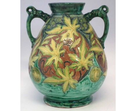 Large Della Robbia twin handled 'Cantagalli' vase  incised by Charles Collis and painted by Liz Wilkins with stylised leaves,