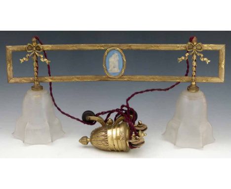 Brass rise and fall neo-classical electric light fitting the rectangular frame set with a blue jasper panel, width 57cm.