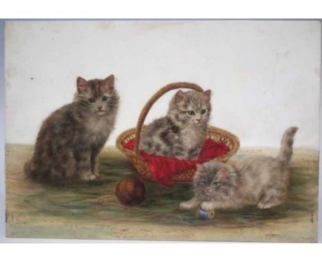 Bessie Bamber glass panel (fl.1900 - 1910)   painted with three kittens, unsigned, 17.5cm x 25cm     Condition report: some s