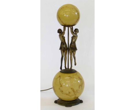 Art deco style table lamp of two marbled glass globes and a silvered spelter group of two dancers, overall height 65cm.
&nbsp